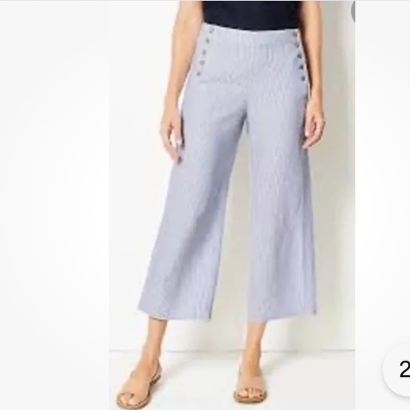 J. Jill Linen Women's Size MT Love Crop Pants Blue Striped Elastic Waist - Picture 3 of 8